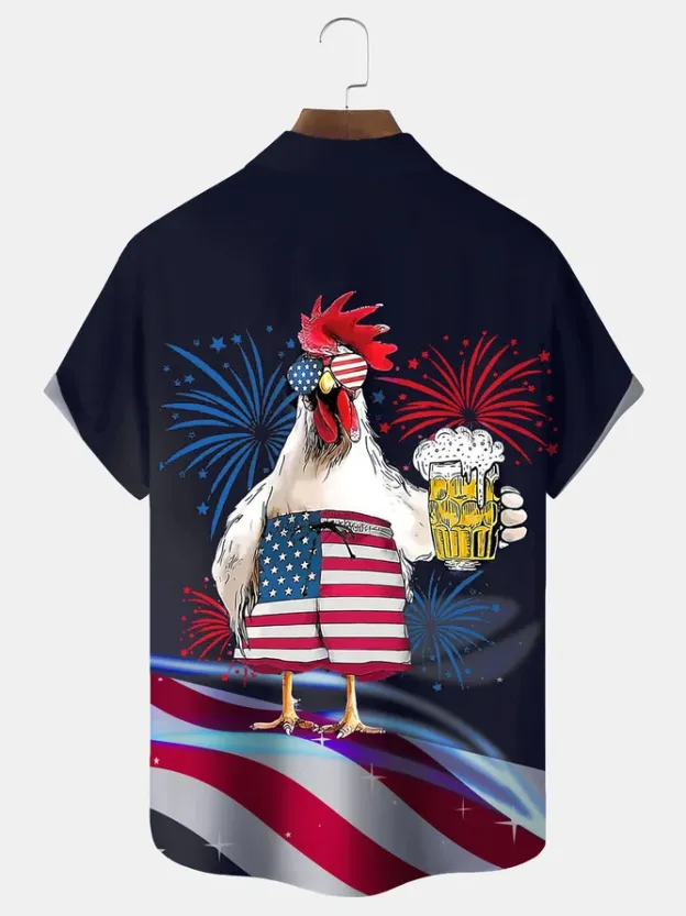 Men's Casual Flag Beer Chicken Print Lapel Short Sleeve Shirt