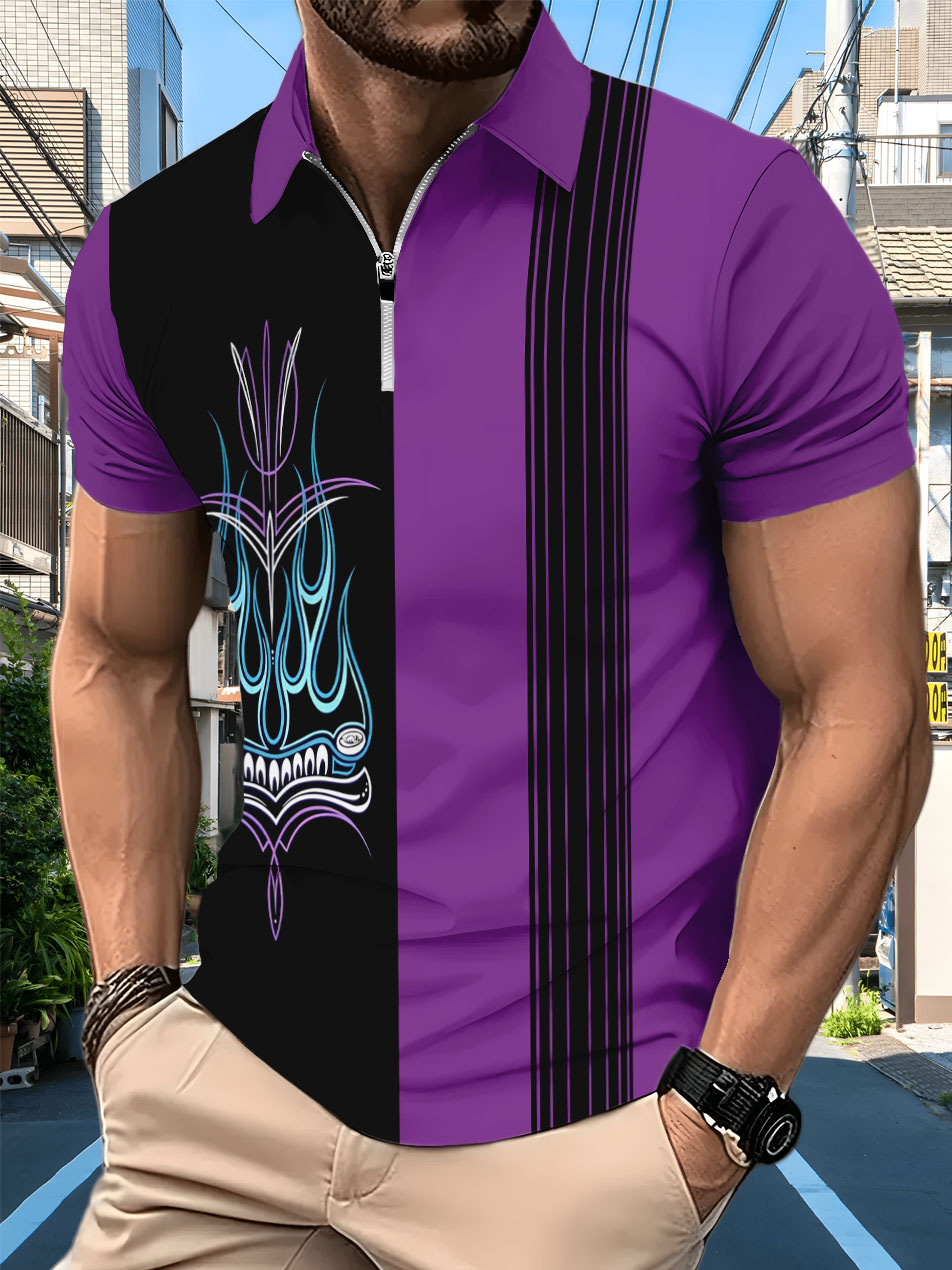Men's retro cartoon car graphic illustration short sleeve zipper polo shirt