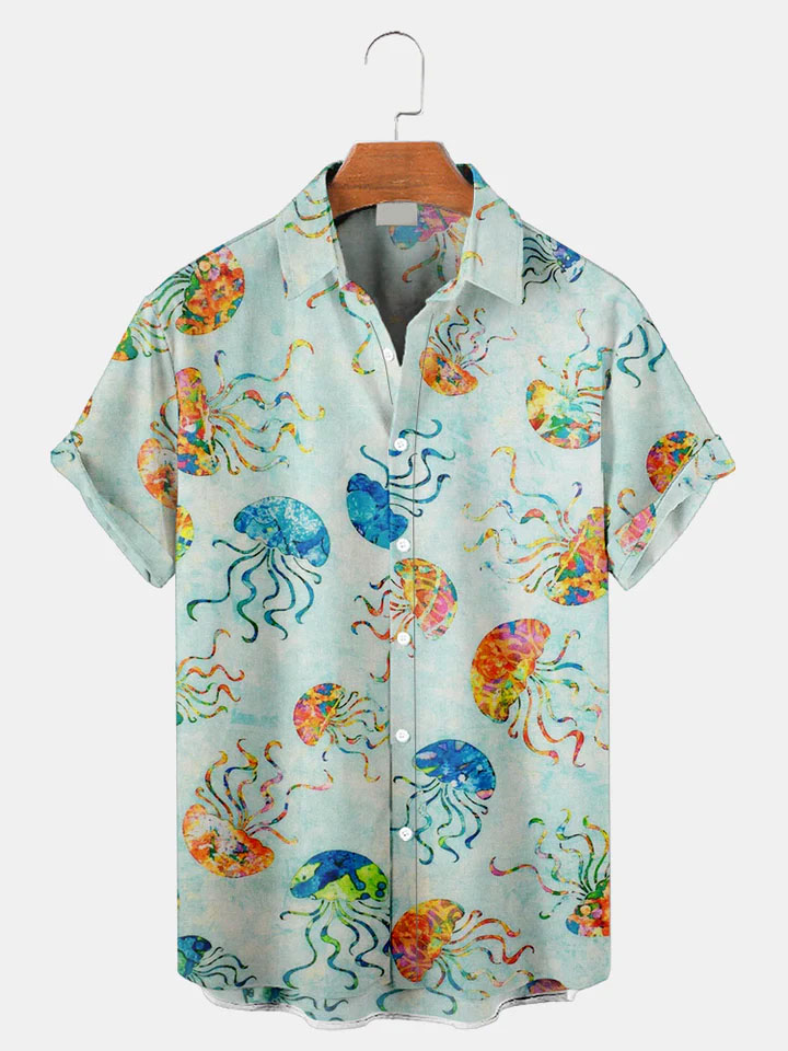 Men's Casual Sea Life Jellyfish Graphic Short Sleeve Shirt