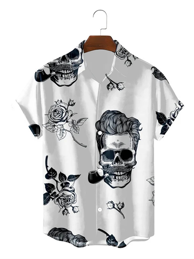 Men's casual retro rose skull print short sleeved pocket shirt
