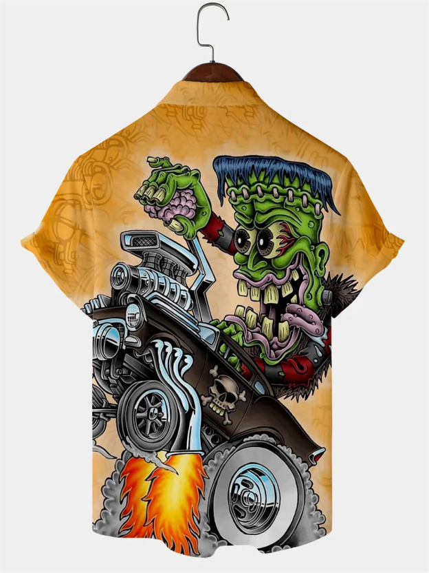 Men's Nostalgic Anime Character Retro Car Short Sleeve Shirt