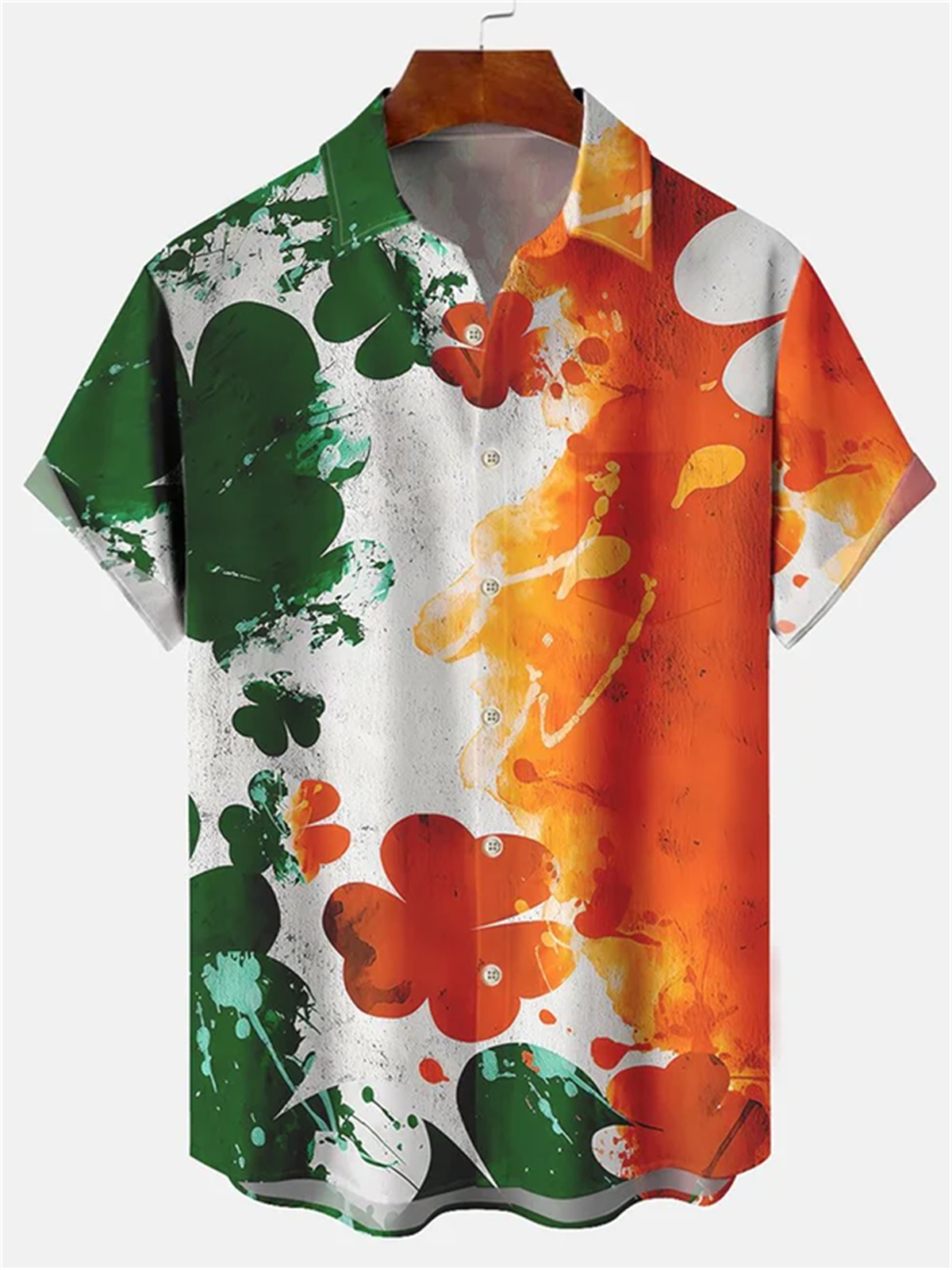 Men's Abstract Clover Oil Painting Trick Holiday Printed Pocket Shirt