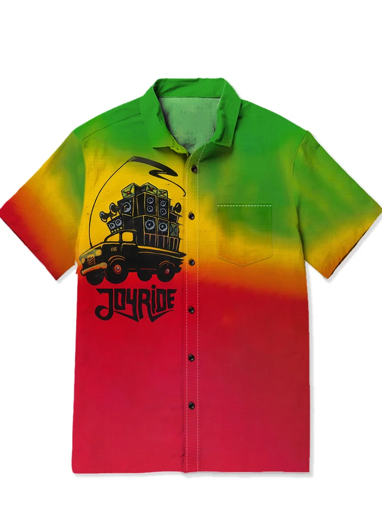 Men's casual truck gradient printed Hawaiian short sleeved pocket shirt