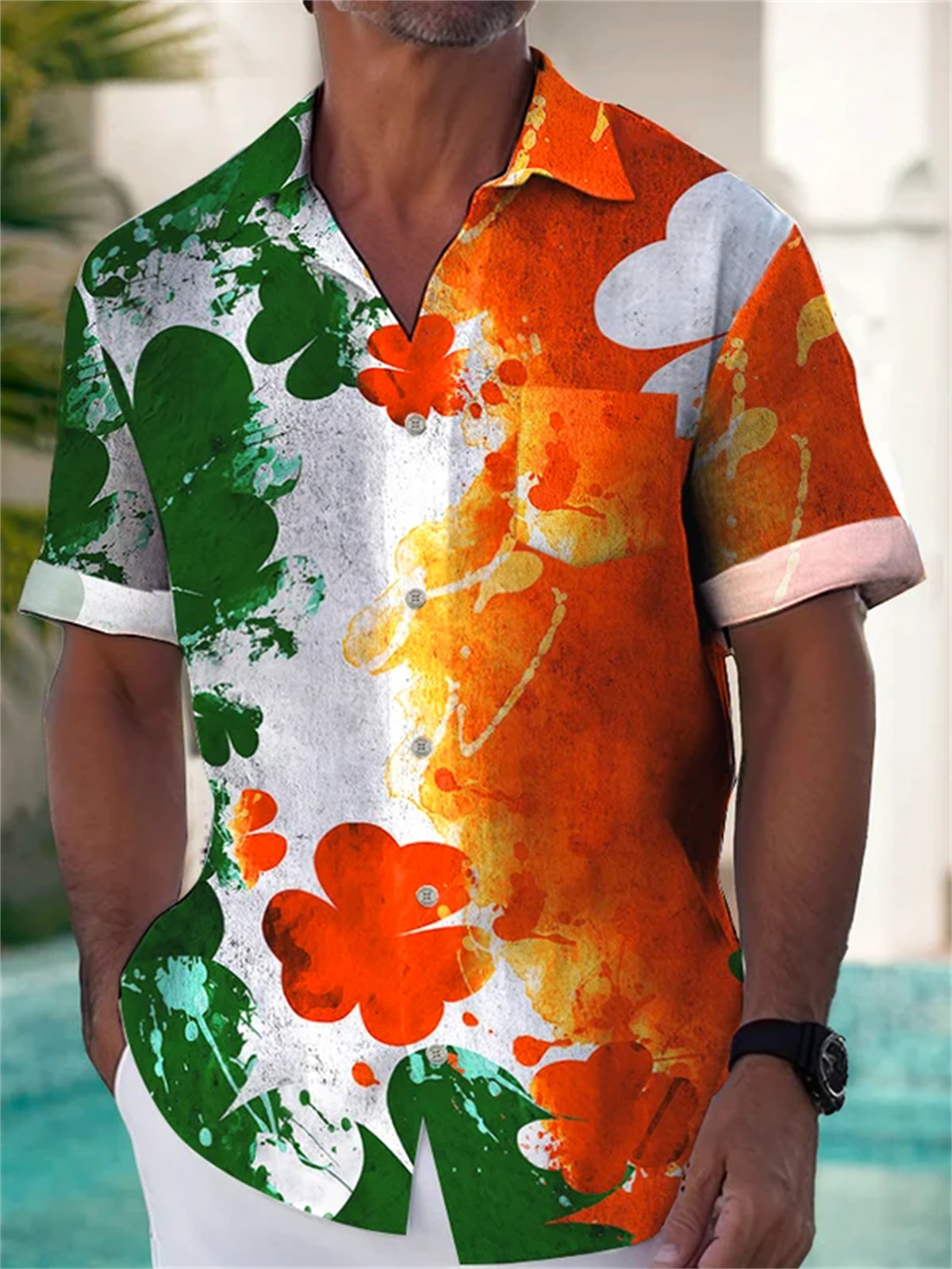 Men's Abstract Clover Oil Painting Trick Holiday Printed Pocket Shirt