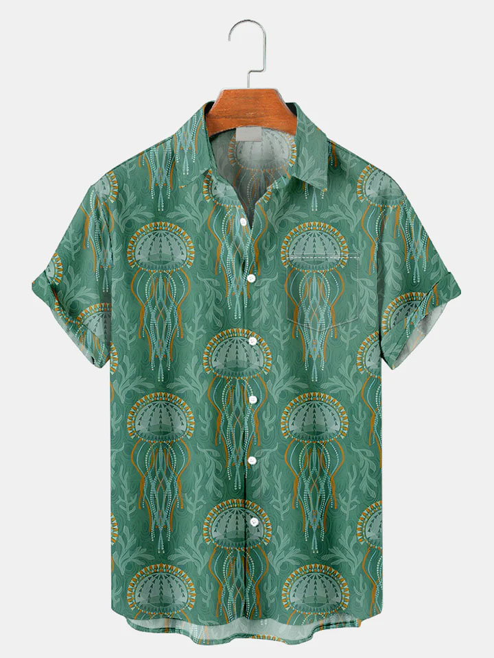 Men's Casual Sea Life Jellyfish Graphic Short Sleeve Shirt
