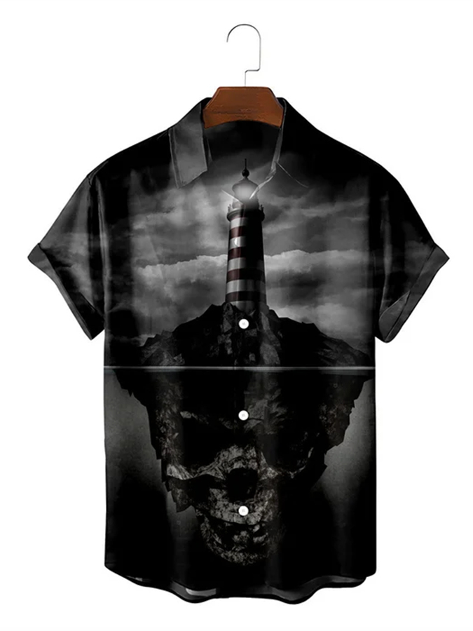 Men's casual lighthouse island skull print short sleeved pocket shirt