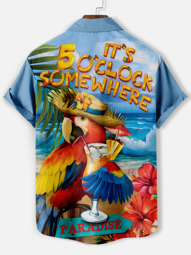 Men's Casual Hawaiian Parrot Graphic Illustration Short Sleeve Shirt