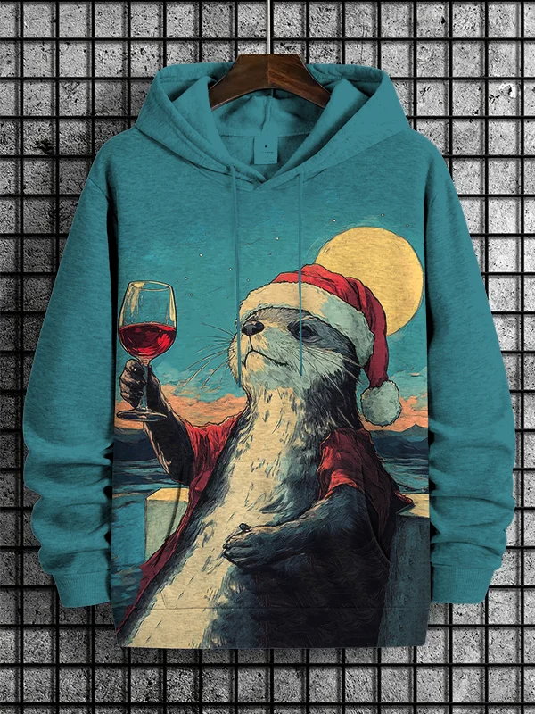 Men's Otter Toasts On Christmas Eve Full Moon Night Print Hooded Sweatshirt