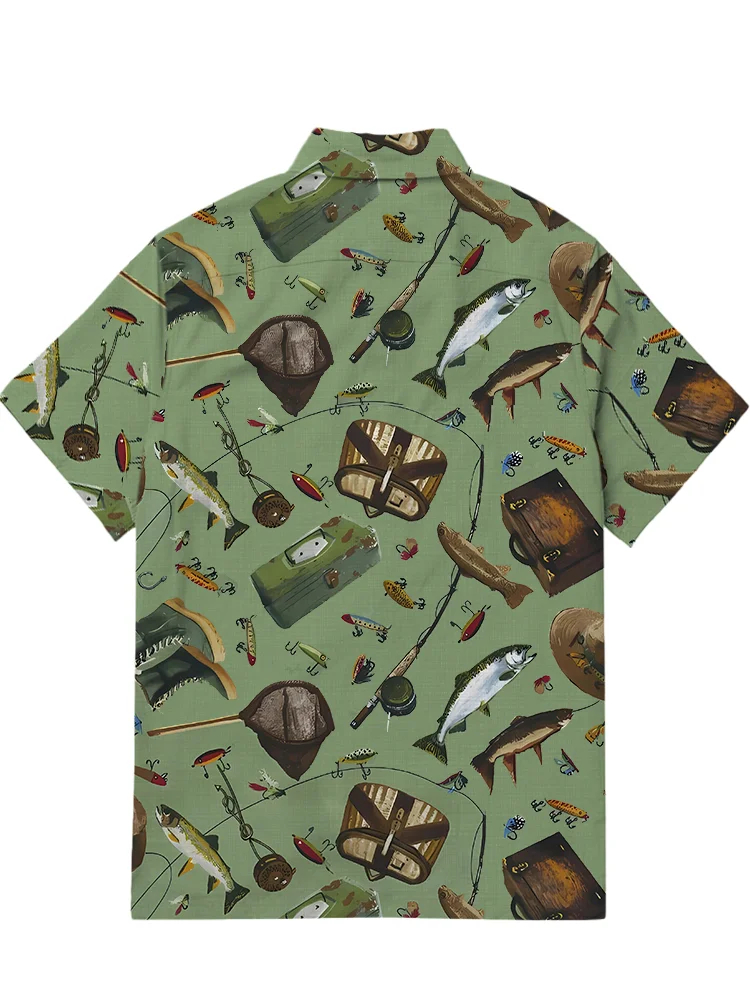 Men's casual outdoor fishing printed Hawaiian short sleeved pocket shirt