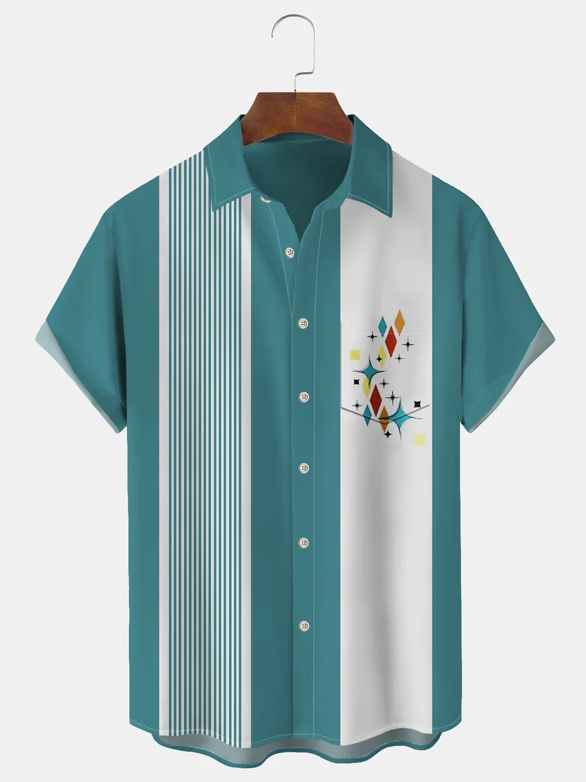 Christmas greetings from Santa Claus delivering gifts on a motorcycle Christmas Chest Pocket Short Sleeve Bowling Shirt