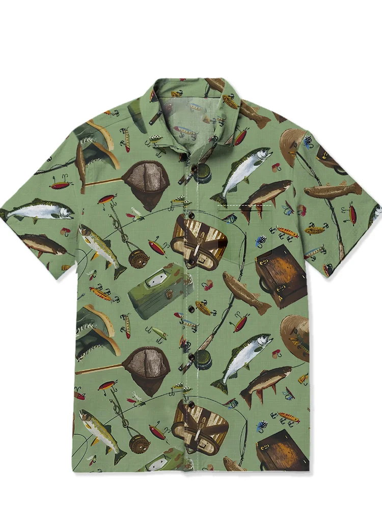 Men's casual outdoor fishing printed Hawaiian short sleeved pocket shirt
