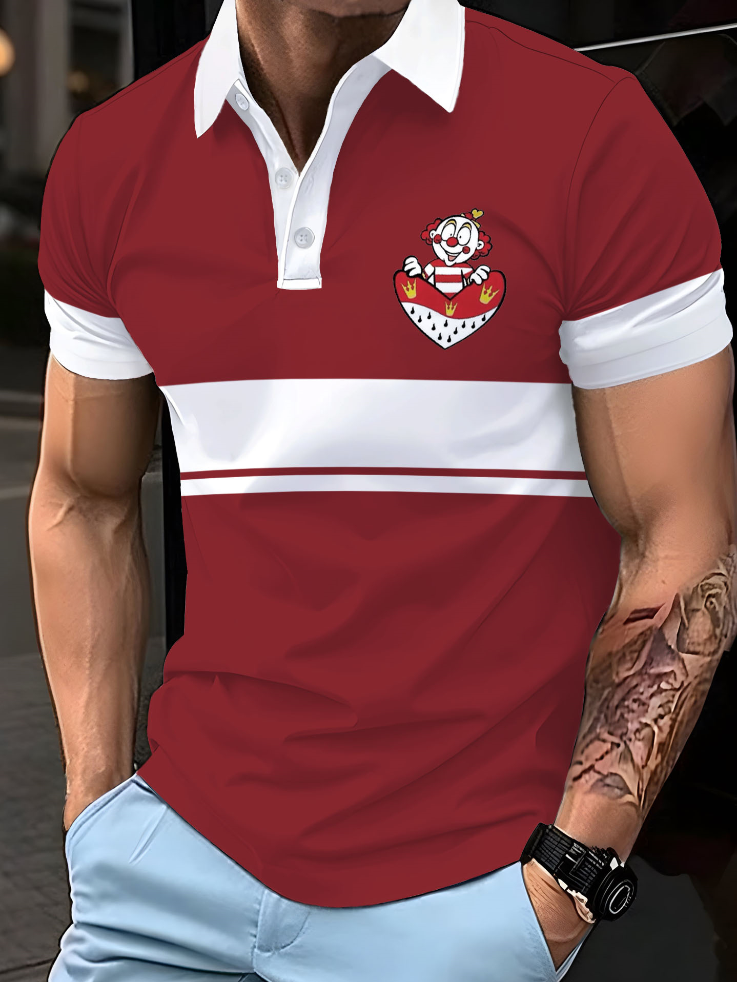 Men's casual cartoon fun illustration button polo shirt
