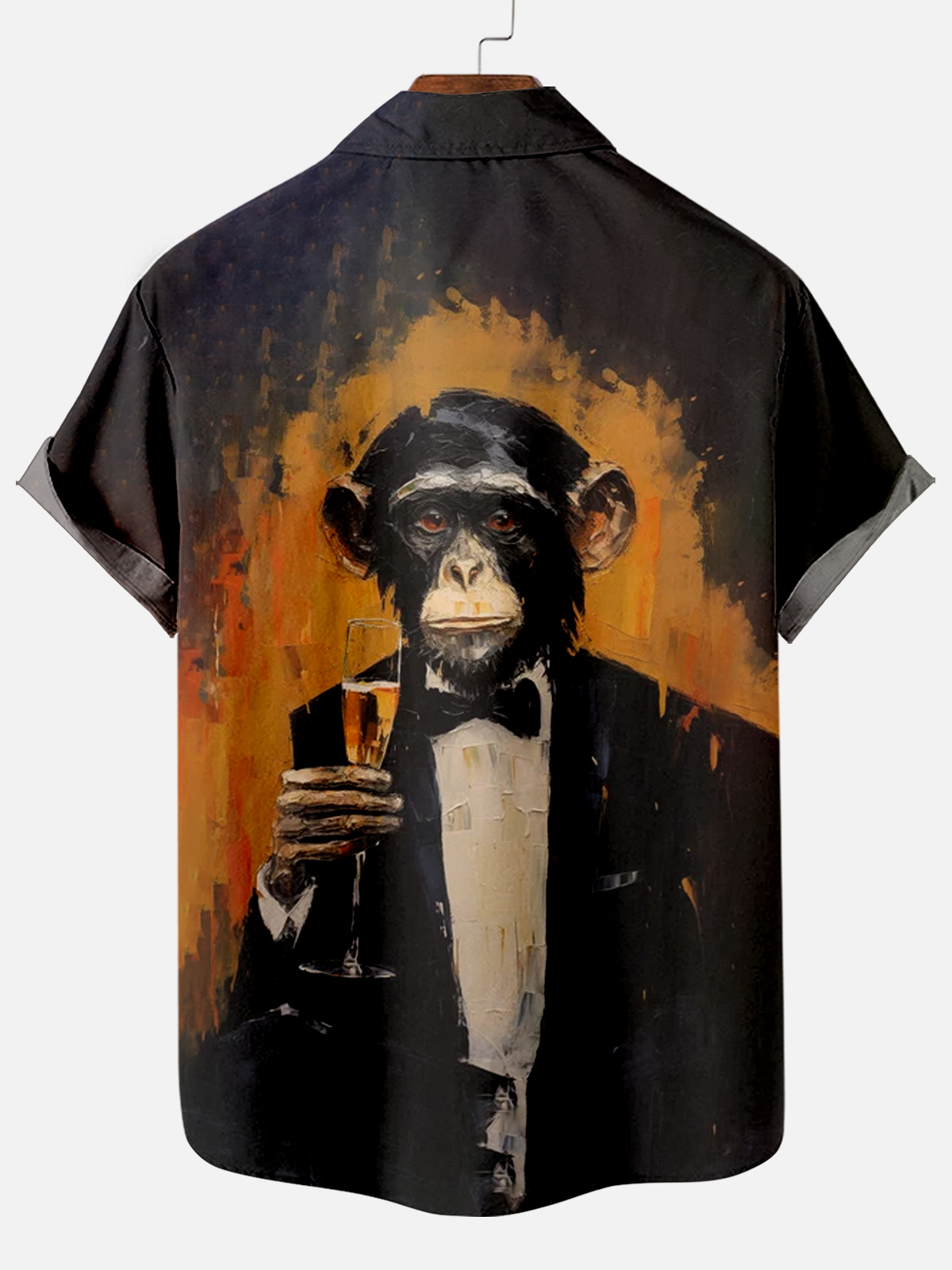 Stylish Monkey In Tuxedo Enjoying Drink Graphic Print Short Sleeve Shirt