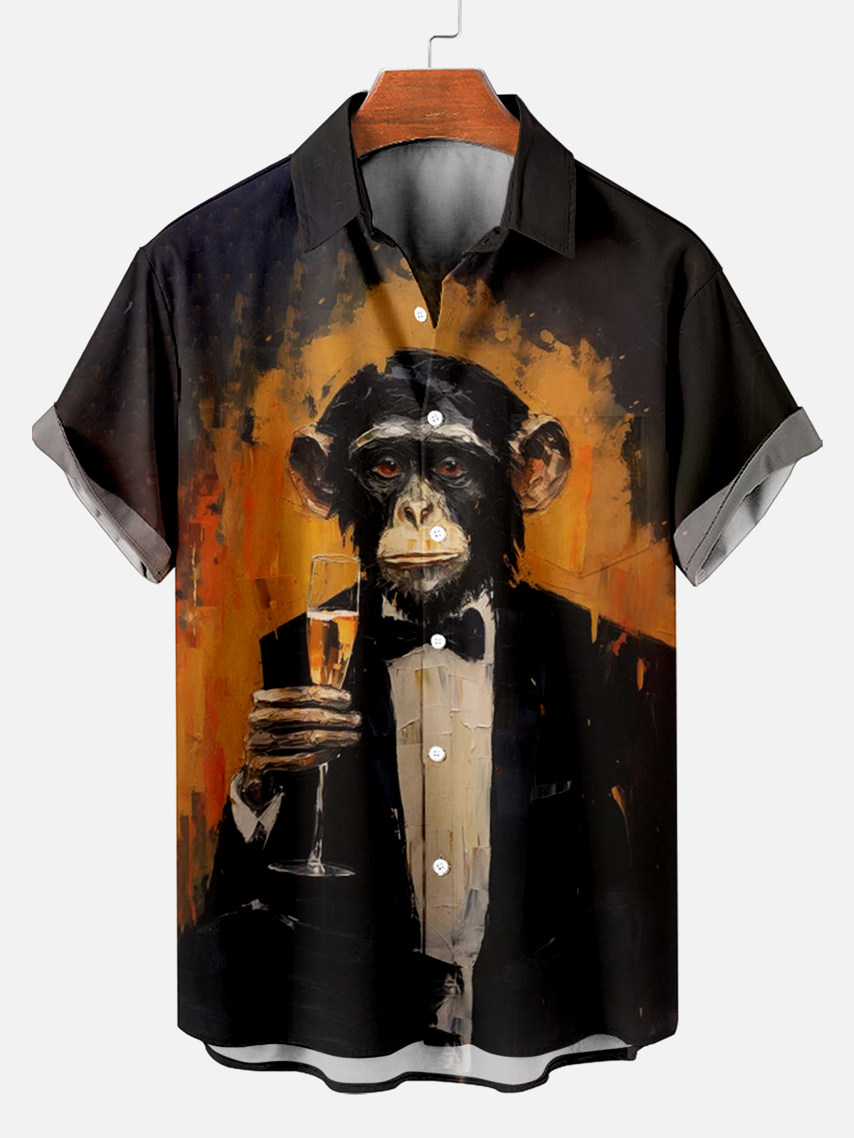 Stylish Monkey In Tuxedo Enjoying Drink Graphic Print Short Sleeve Shirt