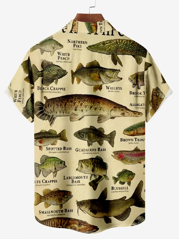 Men's Retro Poster Sea Fishing Encyclopedia Print Fishing Print Short Sleeve Shirt