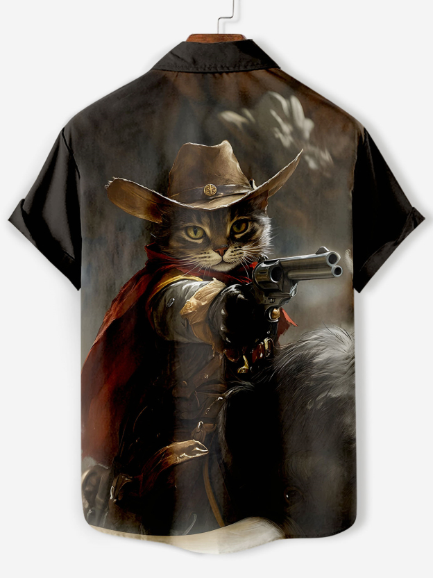 Men's Retro Cartoon Anime Cat Theme Short Sleeve Shirt