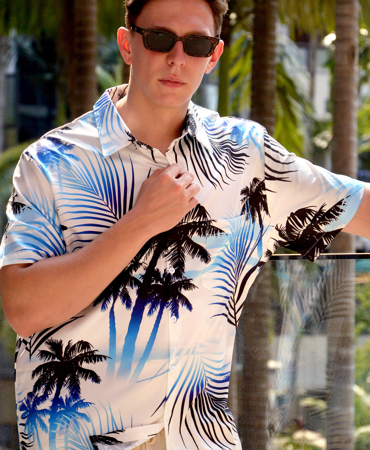 Men's Hawaiian Shirt, Short Sleeve Button Down, Palm Tree Print, Blue and White