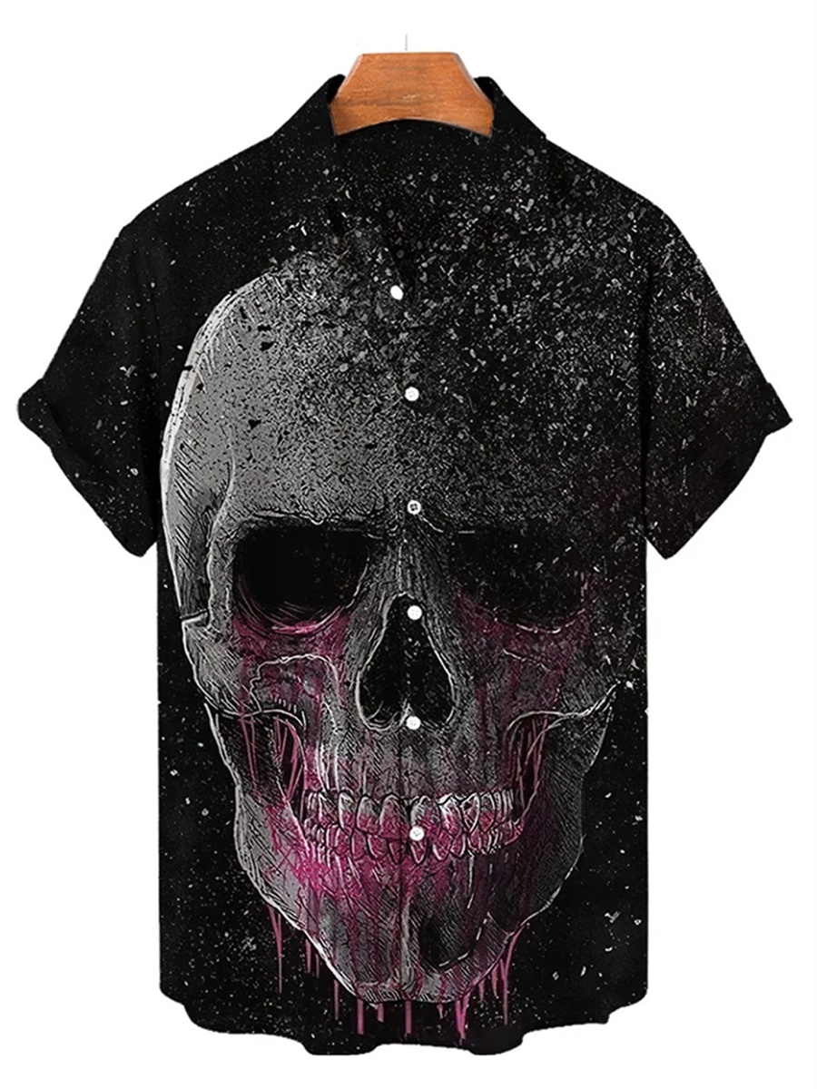 Men's casual retro skull printed short sleeved pocket shirt