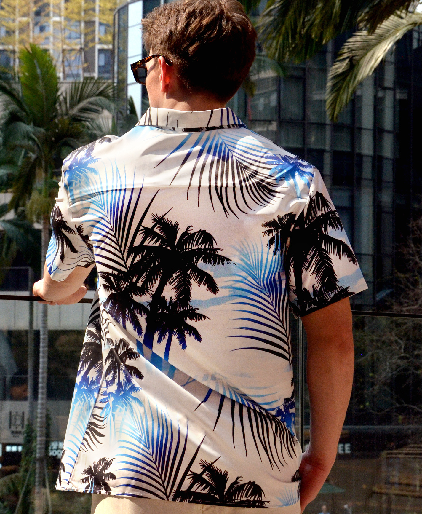 Men's Hawaiian Shirt, Short Sleeve Button Down, Palm Tree Print, Blue and White
