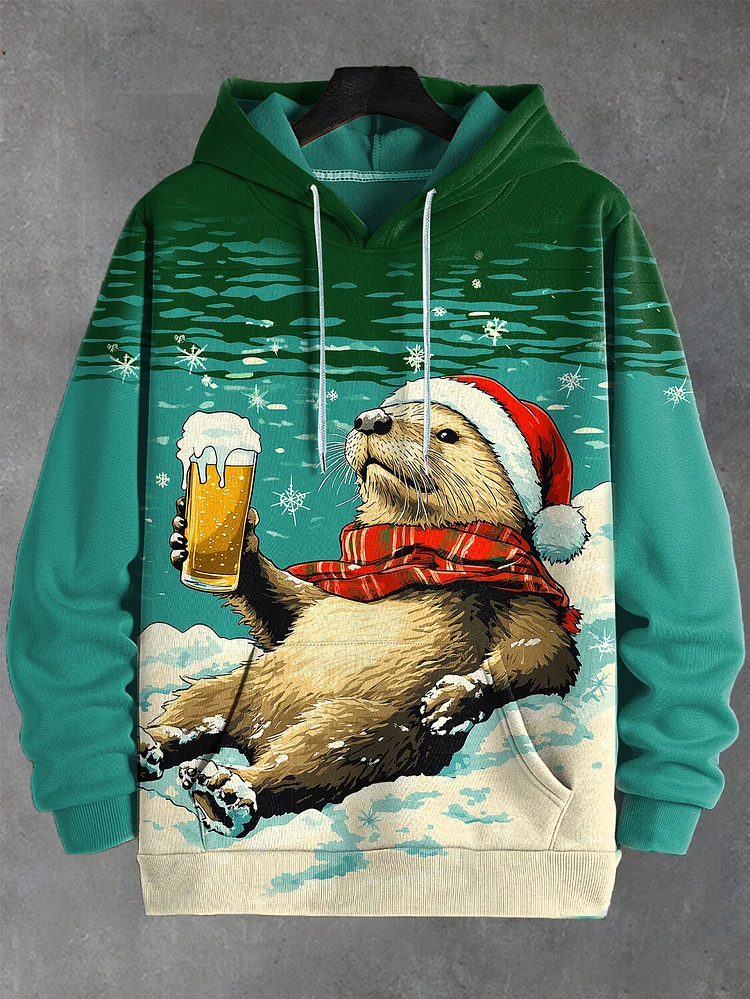 Men's Otter Drinking Beer Christmas Snowflake Print Casual Hoodie