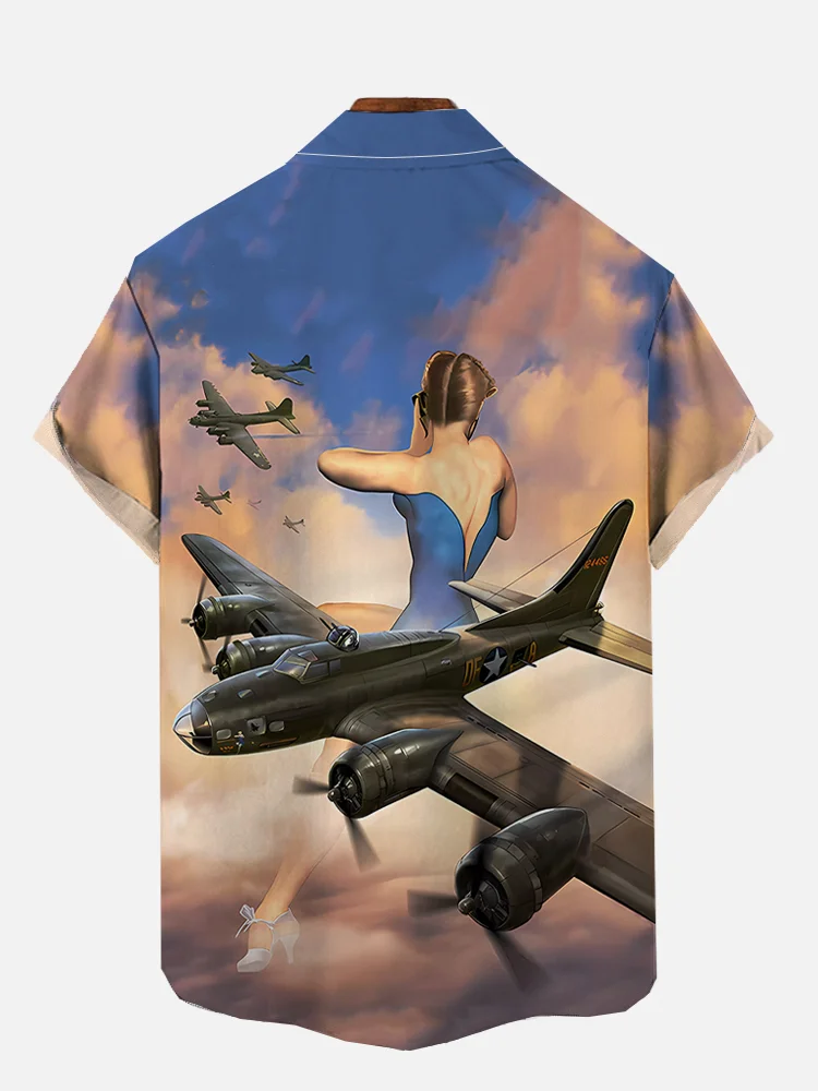 Retro Poster Bombing Fighter Graphic Print Short Sleeve Shirt