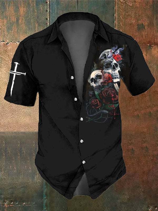 Men's Retro Dark Skull Casual Pocket Short Sleeve Shirt