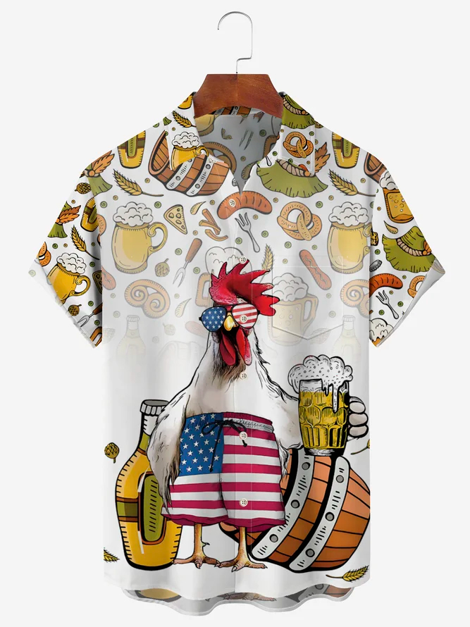 Men's Casual Fun Food Beer Flag Chicken Print Lapel Short Sleeve Shirt