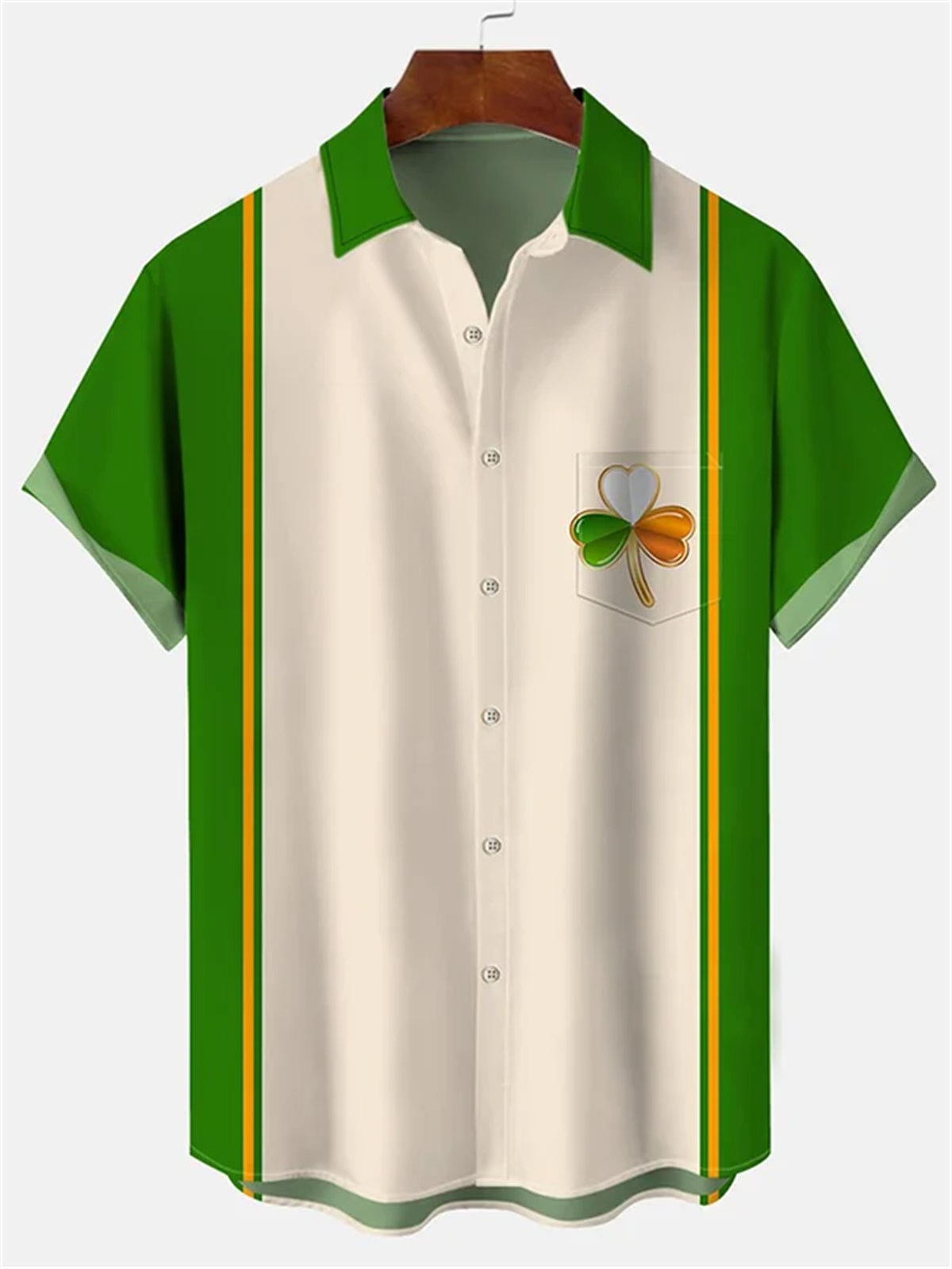 Men's Clover Saint Patrick Holiday Bowling Ball Color Block Print Pocket Shirt
