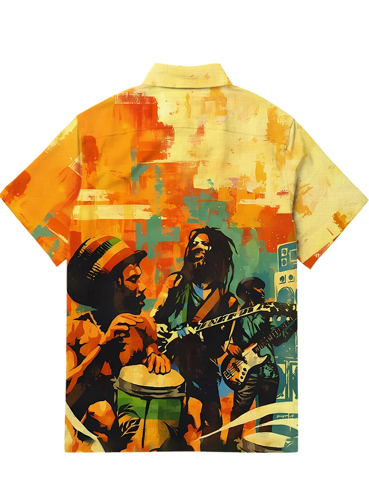 Men's casual ethnic music printed Hawaiian short sleeved pocket shirt