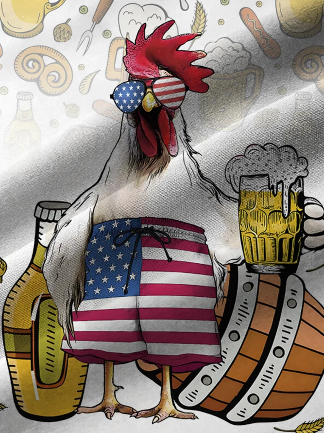 Men's Casual Fun Food Beer Flag Chicken Print Lapel Short Sleeve Shirt