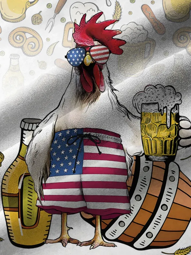 Men's Casual Fun Food Beer Flag Chicken Print Lapel Short Sleeve Shirt