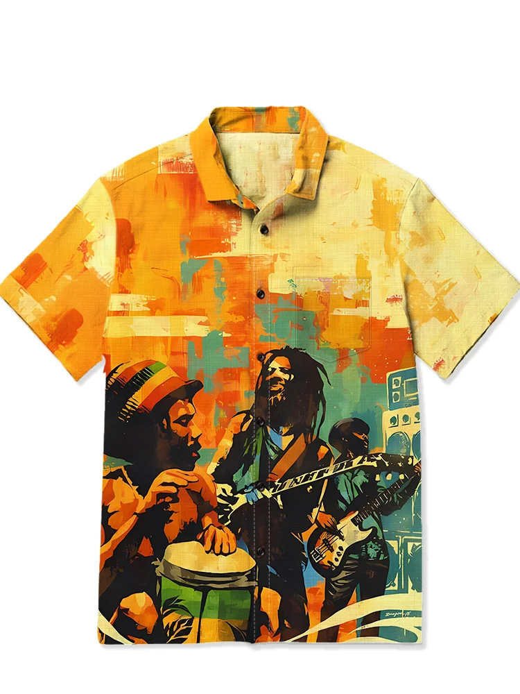 Men's casual ethnic music printed Hawaiian short sleeved pocket shirt