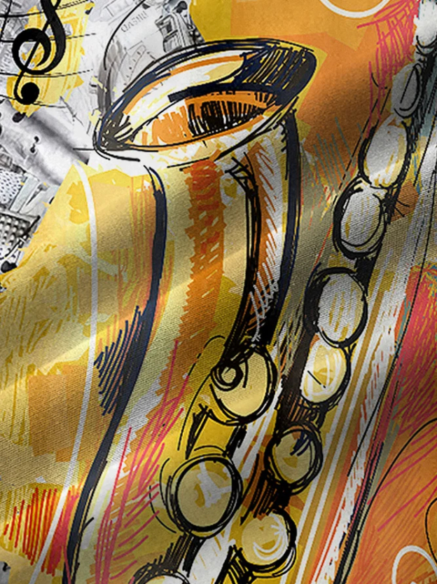Men's Abstract Art Music Casual Lapel Short Sleeve Shirt