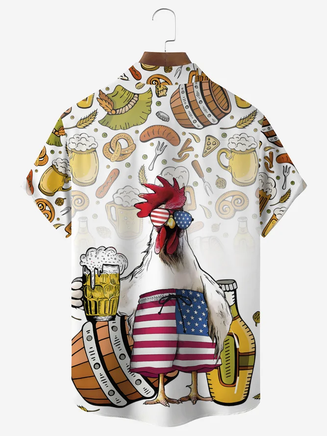Men's Casual Fun Food Beer Flag Chicken Print Lapel Short Sleeve Shirt
