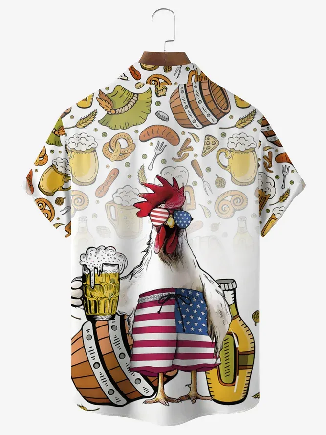 Men's Casual Fun Food Beer Flag Chicken Print Lapel Short Sleeve Shirt