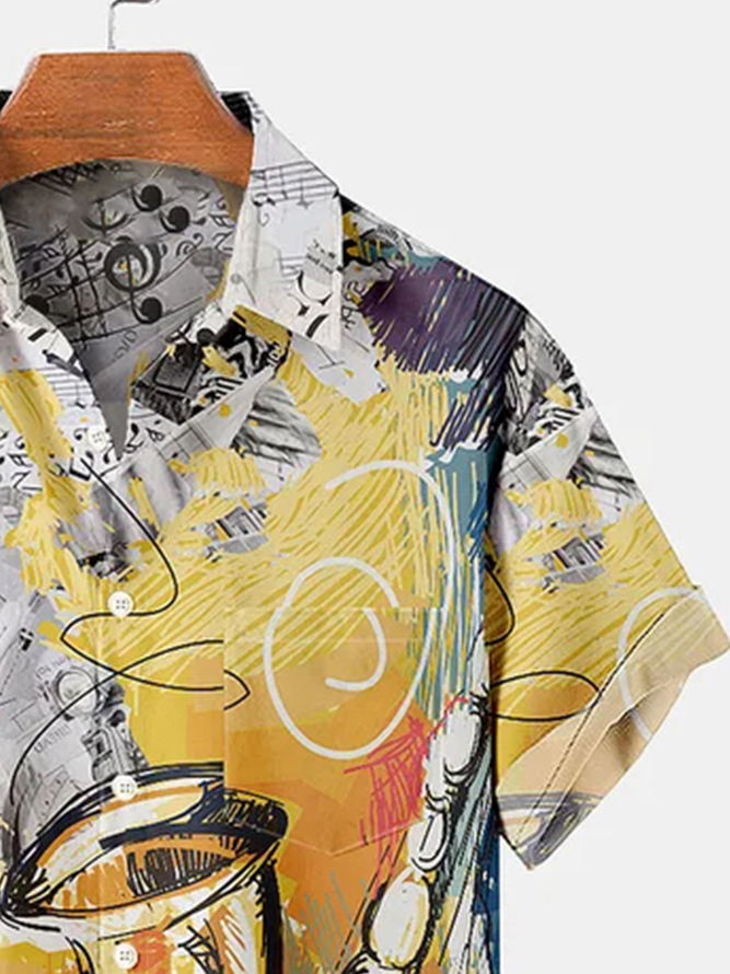 Men's Abstract Art Music Casual Lapel Short Sleeve Shirt