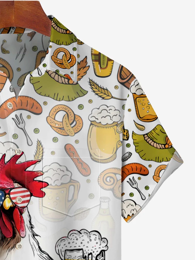 Men's Casual Fun Food Beer Flag Chicken Print Lapel Short Sleeve Shirt