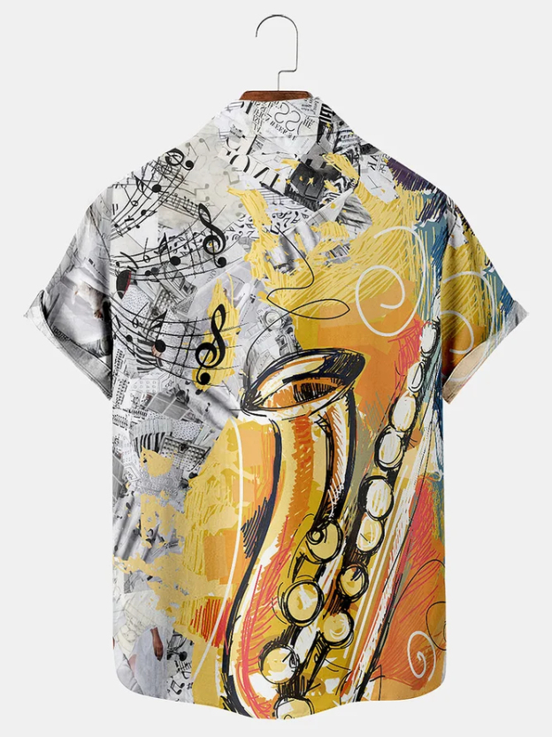 Men's Abstract Art Music Casual Lapel Short Sleeve Shirt