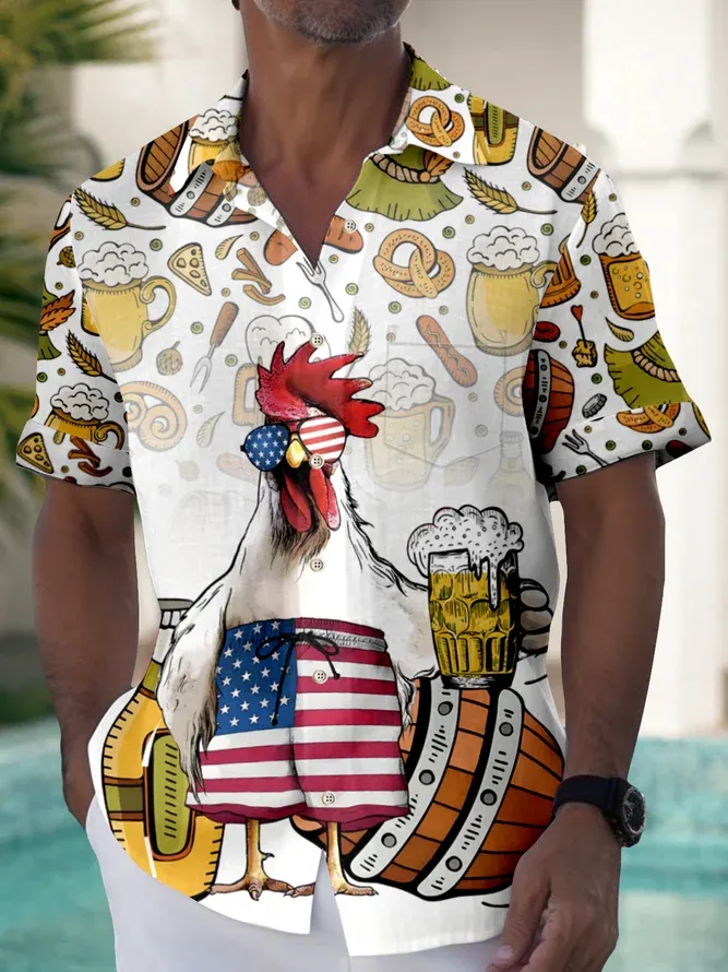 Men's Casual Fun Food Beer Flag Chicken Print Lapel Short Sleeve Shirt