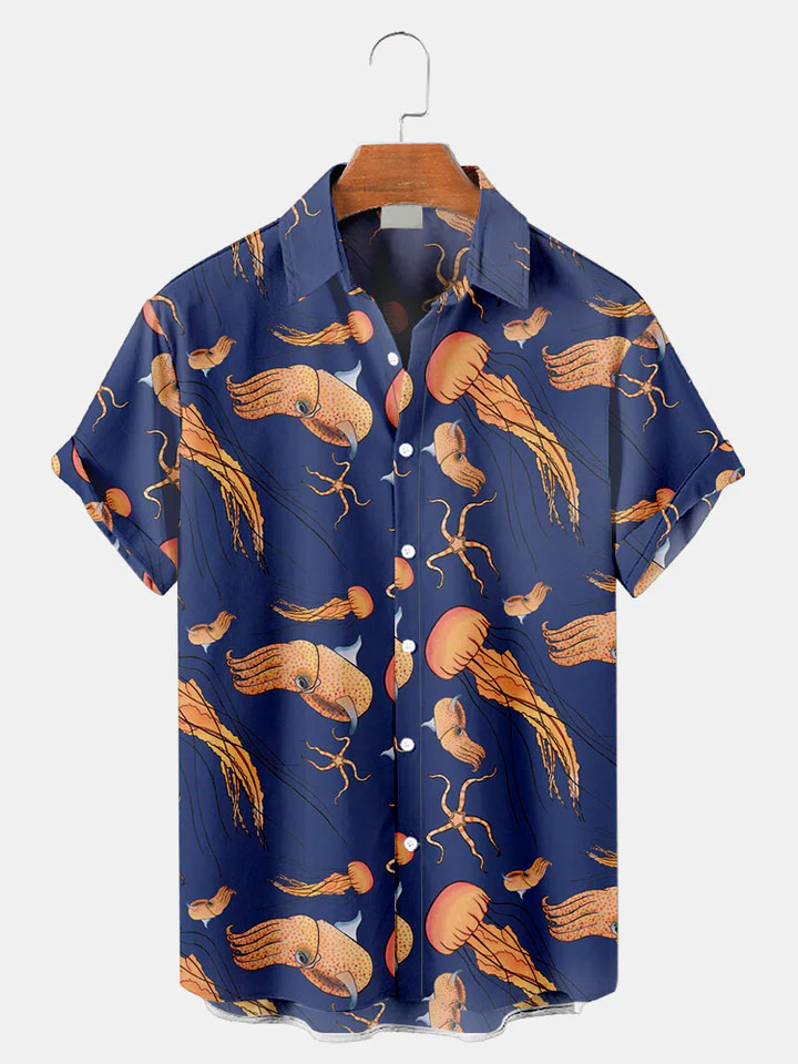 Men's Casual Sea Life Jellyfish Graphic Short Sleeve Shirt