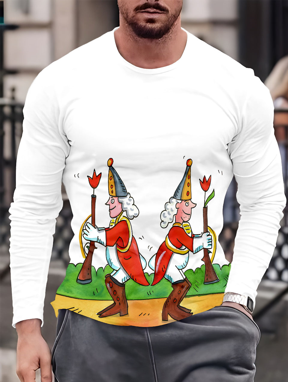 Men's Casual Cartoon Fun Illustration Long Sleeve T-Shirt