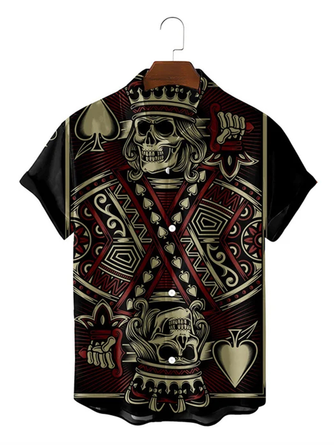 Men's casual retro poker skull print short sleeved pocket shirt