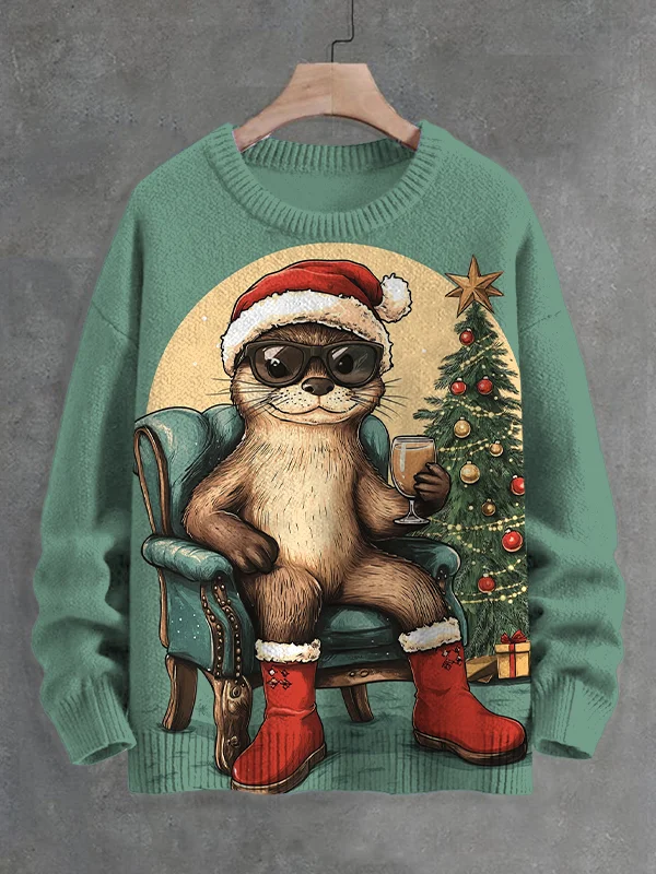 Men's Christmas Otter Drinks Hot Cocoa Print Knit Sweatshirt