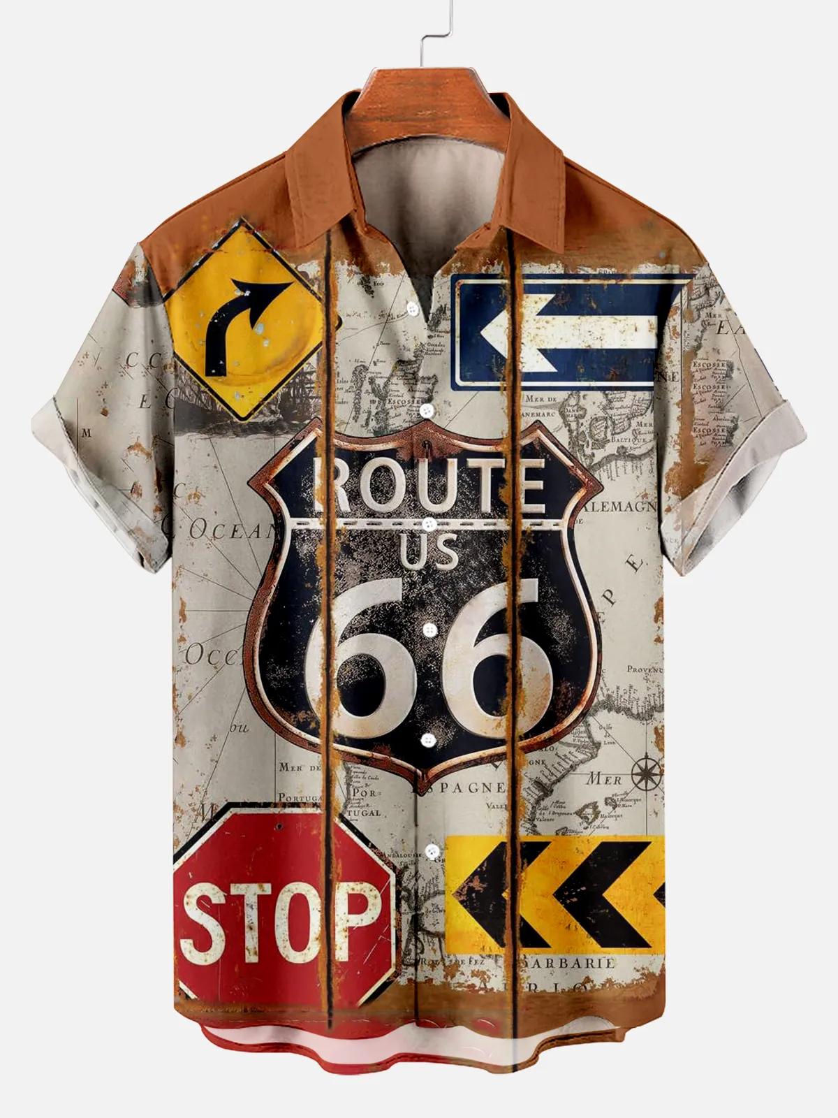 Men's Vintage Highway Sign Print Hawaiian Short Sleeve Shirt
