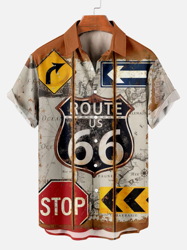 Men's Vintage Highway Sign Print Hawaiian Short Sleeve Shirt