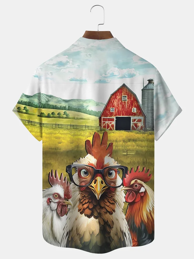 Men's Casual Farm Flock Print Lapel Short Sleeve Shirt