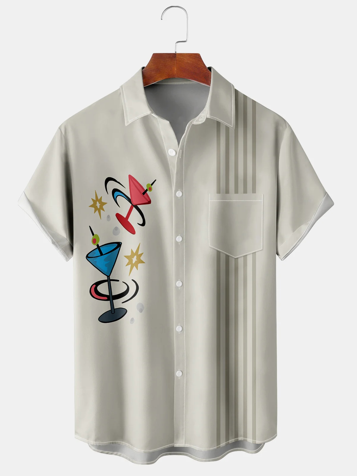 Men's retro geometric casual short sleeved pocket bowling shirt