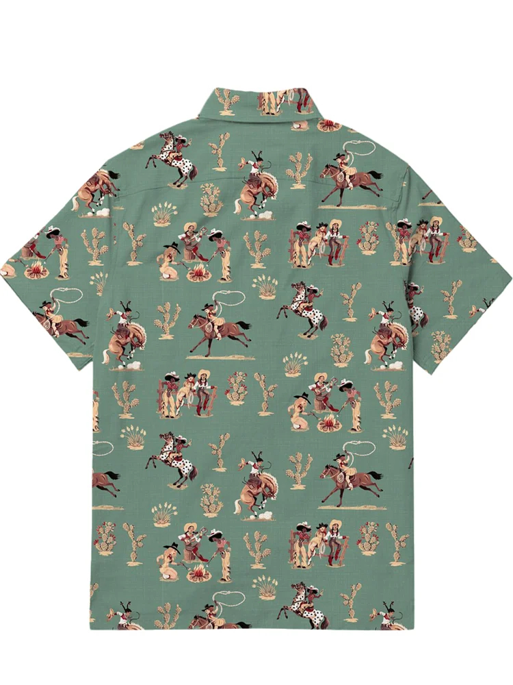 Men's casual denim Western printed Hawaiian short sleeved pocket shirt