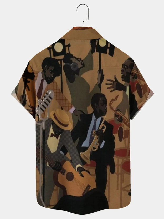 Men's Art Music Oil Painting Casual Lapel Short Sleeve Shirt