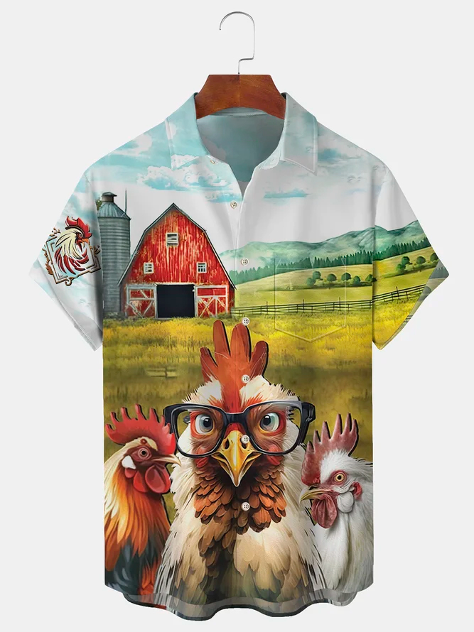 Men's Casual Farm Flock Print Lapel Short Sleeve Shirt